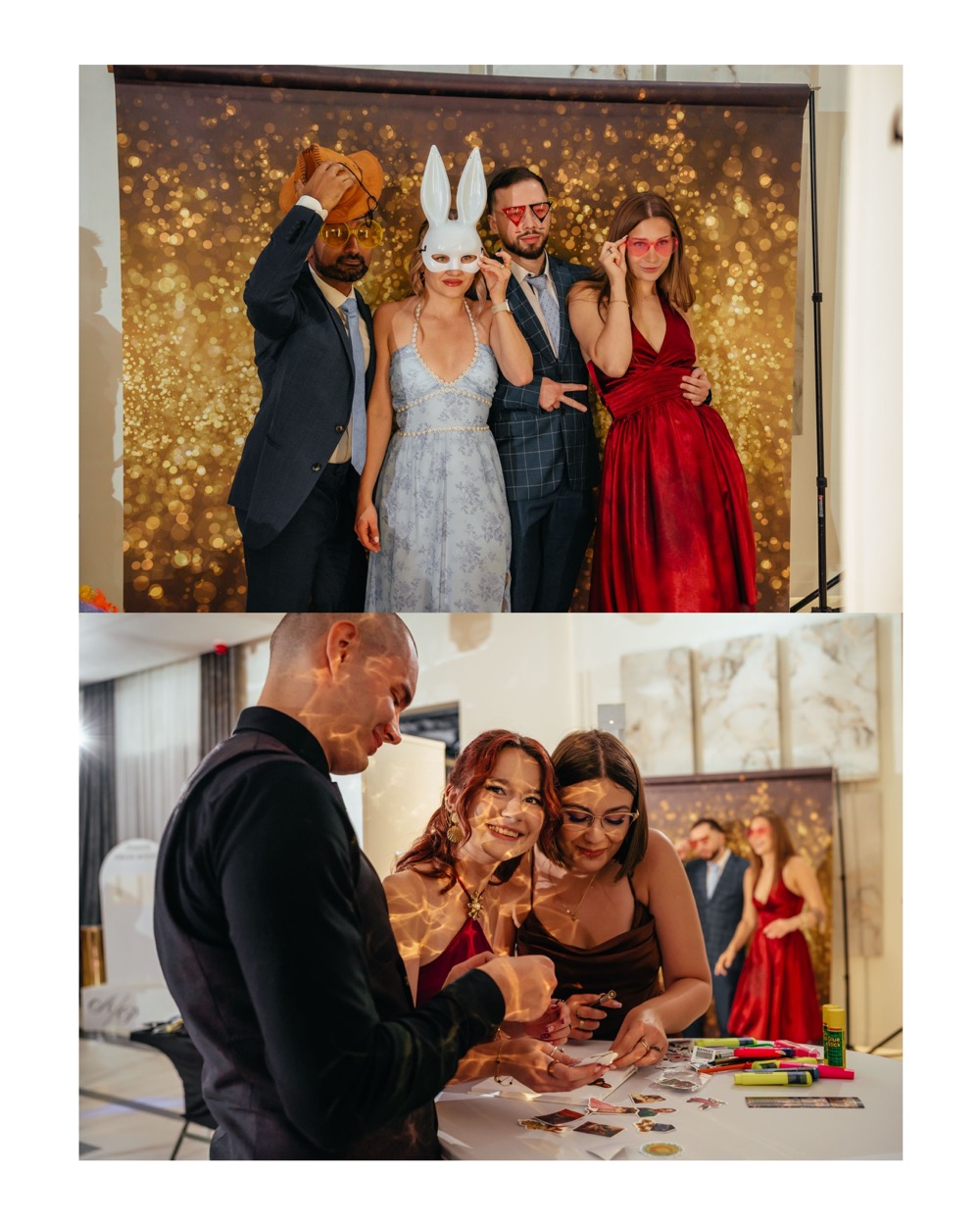 Goście pozujący do zdjęć w fotobudce